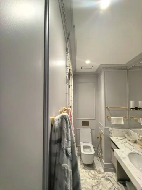 Санузел квартиры 110 м² с камнем, стеклянной перегородкой и подвесной сантехникой